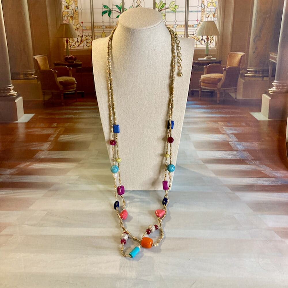 0053 Chico's Colorblock Double-Strand Mixed Bead Station Necklace Rainbow (2022)